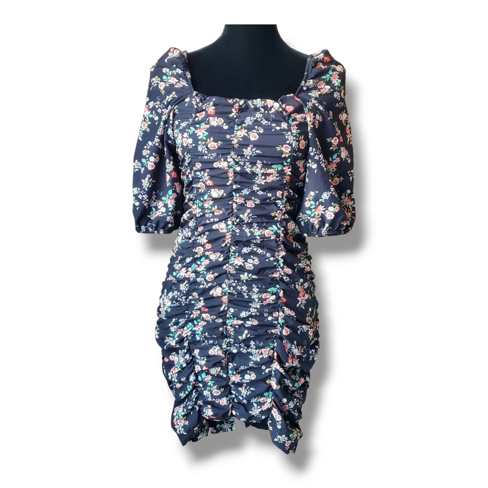 Floral Ruched Bodycon Puffy Sleeve Mini Dress